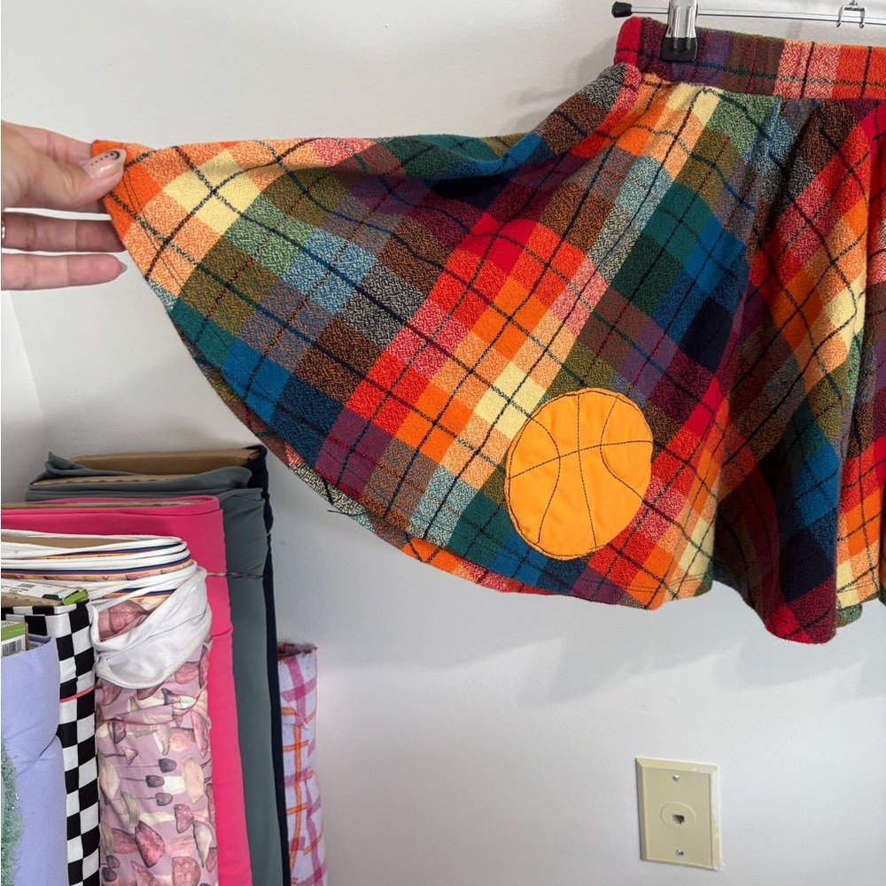 Handmade Multicolor Plaid Skirt with Orange Basketball Sports Patch College - Picture 3 of 5